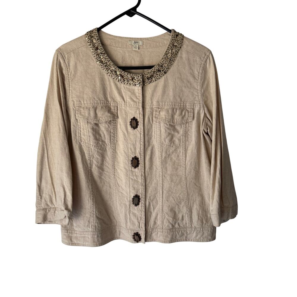 J. Jill‎ Embellished Collar Linen Cotton Jacket Small Beige Button Front